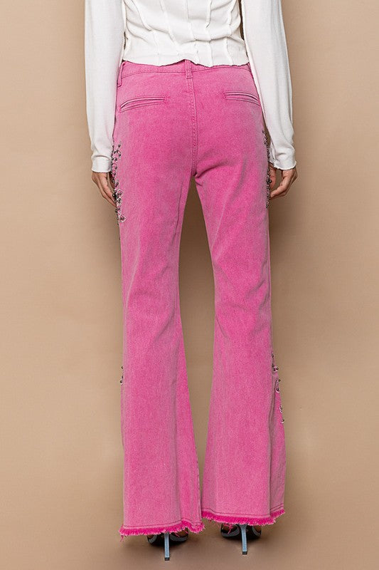 Hot Pink Raw Hem Embroidered Flare Pants