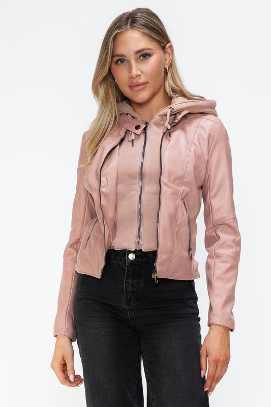 Mauve faux leather zip-up drawstring hooded jacket with pockets, perfect for a stylish and casual look.