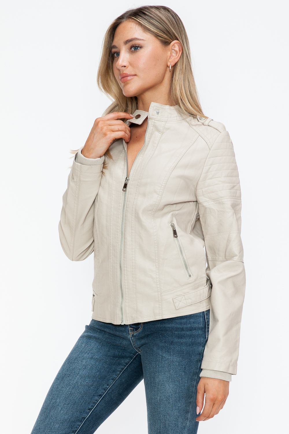 Sand PU Leather Biker Jacket with Side Zip Pockets