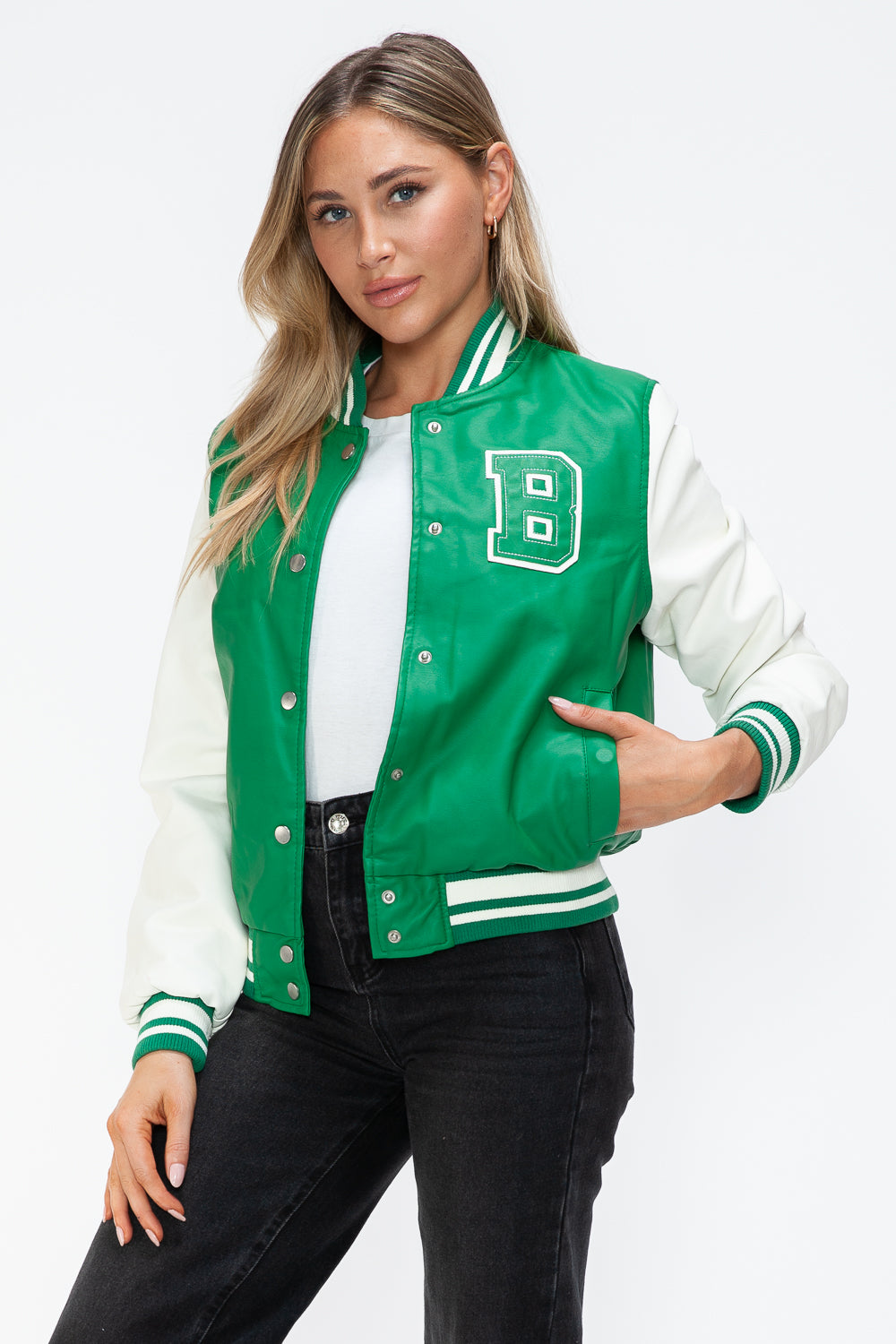 Green Milk PU Leather Contrast Snap Down Bomber Jacket