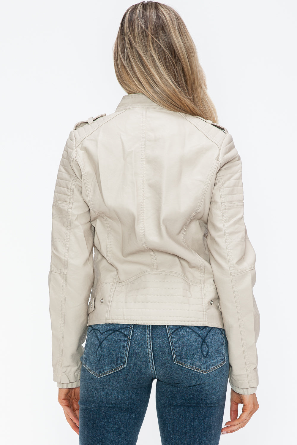 Sand PU Leather Biker Jacket with Side Zip Pockets