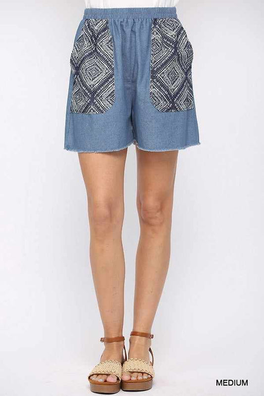 Denim Elastic Waist Shorts-Medium Denim