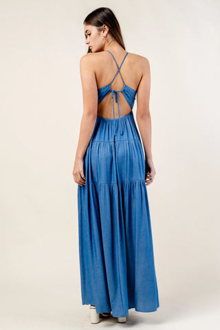 Denim Maxi Dress | Relaxed Fit Drawstring Lace Back