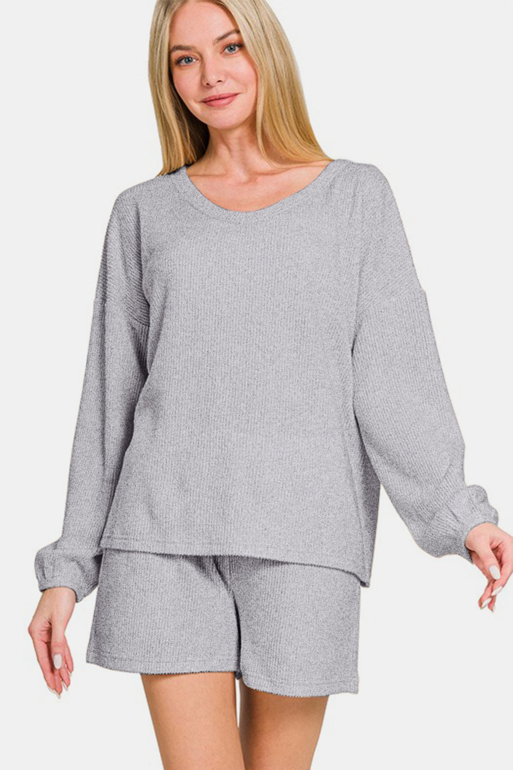 Gray V-Neck Long Sleeve Ribbed Top and Shorts Set in 82% Polyester, 15% Rayon, 3% Spandex, Basic Style, Slightly Stretchy