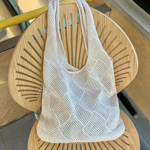 Diamond Pattern Knit Hobo Bag | Cotton Crochet Shoulder Tote | Beach Bag