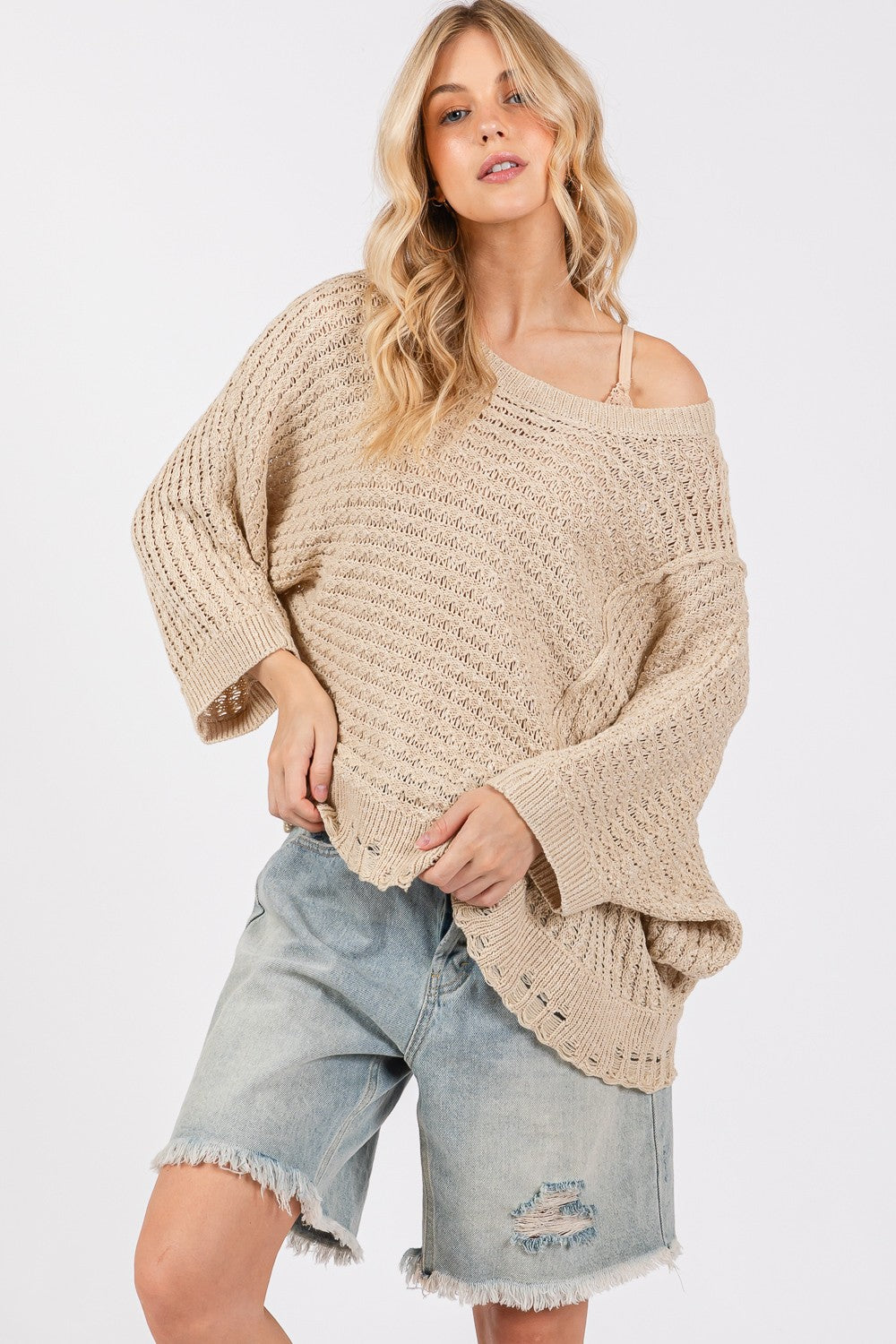 Distressed Asymmetrical Open Stitch Sweater