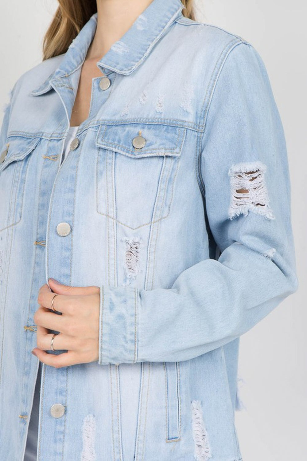 trendy distressed denim jacket with letter patches, crafted from 100% cotton, perfect for layering with dresses, skirts, or jeans