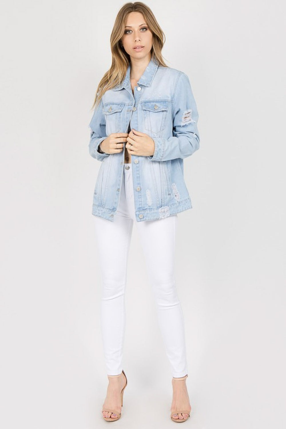 Trendy letter patched distressed denim jacket with pockets, perfect for versatile style and comfort in cotton denim.