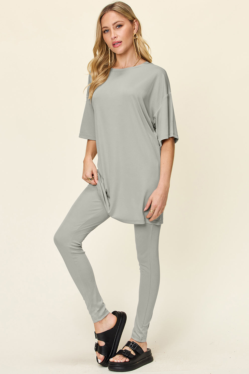 Double Take Full Size Dropped Shoulder T-Shirt and Leggings Set