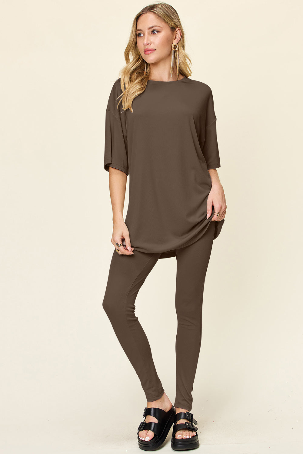 Double Take Full Size Dropped Shoulder T-Shirt and Leggings Set