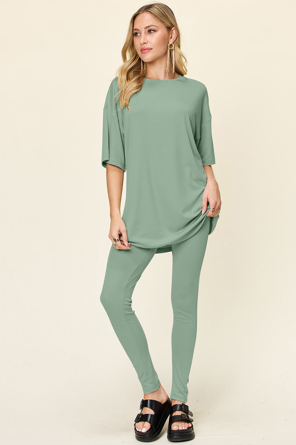 Double Take Full Size Dropped Shoulder T-Shirt and Leggings Set