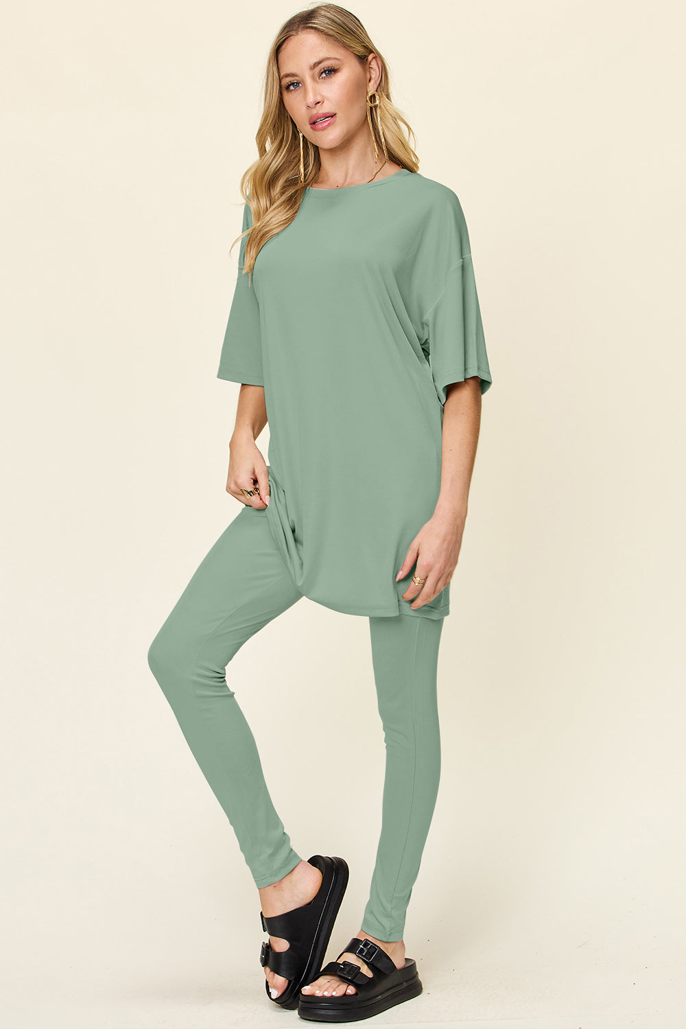 Double Take Full Size Dropped Shoulder T-Shirt and Leggings Set