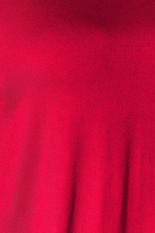 Close-up of red fabric texture from Double Take Round Neck Slit Top, showcasing soft and stretchy rayon-spandex blend.
