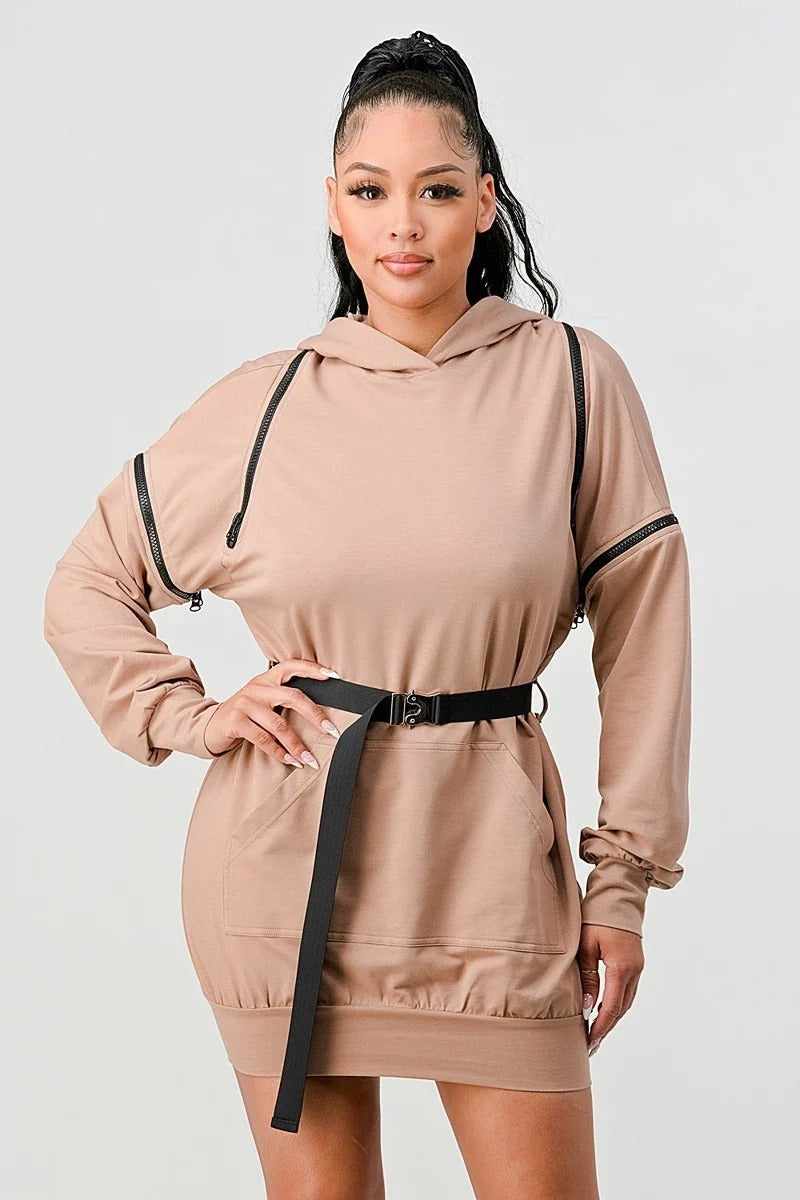 Double Zipper Hooded Mini Dress-Nude