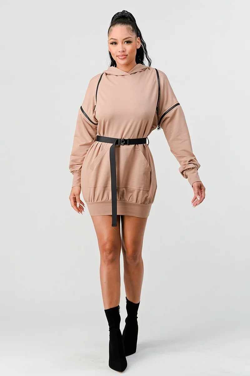 Double Zipper Hooded Mini Dress-Nude