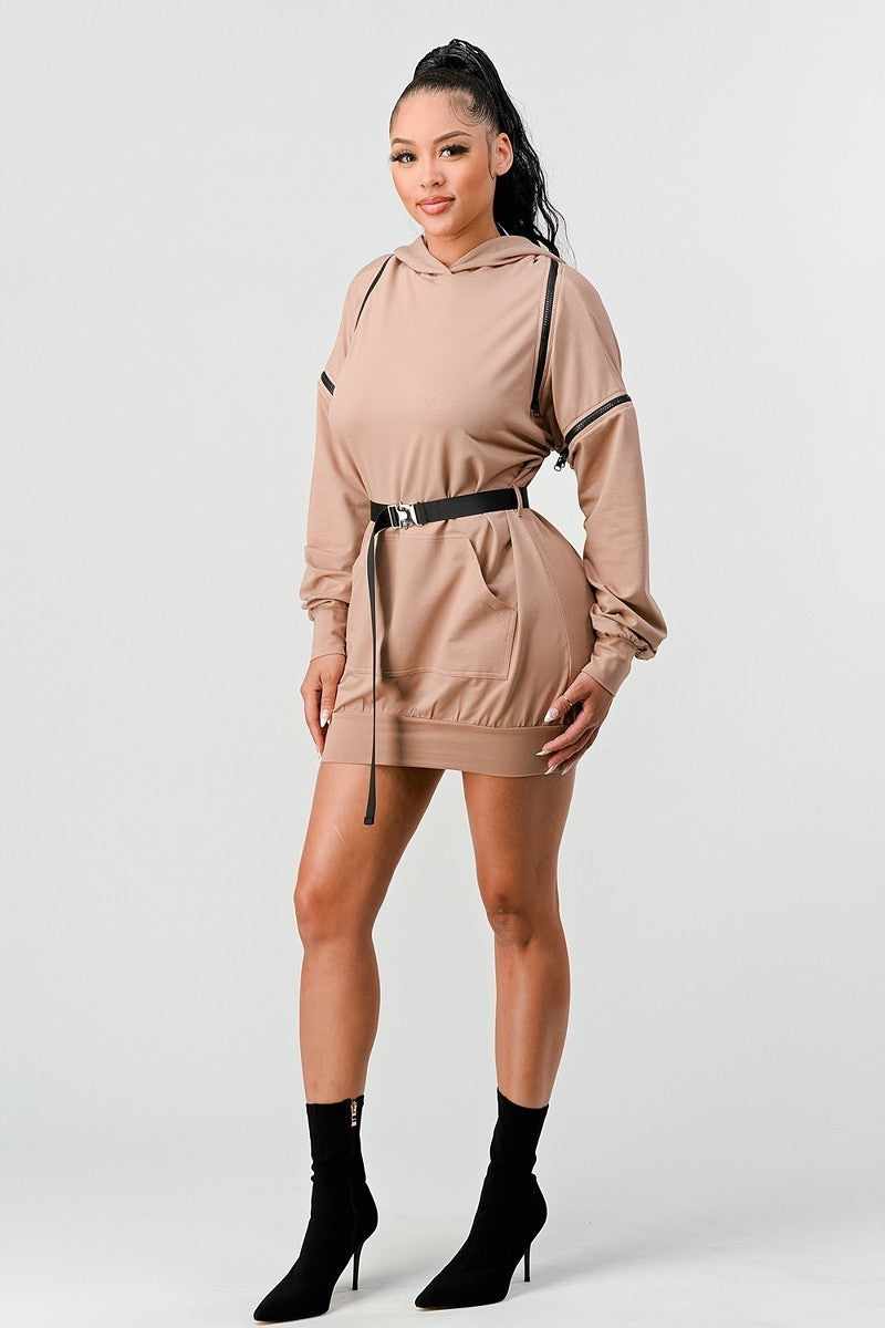 Double Zipper Hooded Mini Dress-Nude