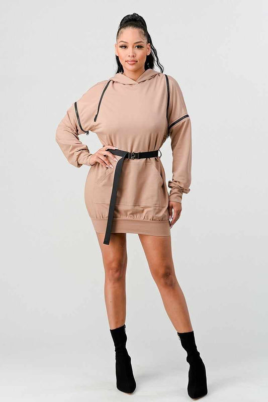 Double Zipper Hooded Mini Dress-Nude