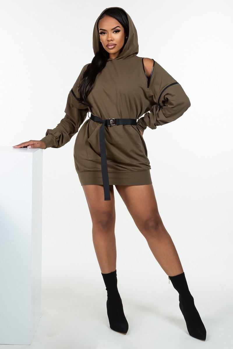 Double Zipper Hooded Mini Dress-Olive