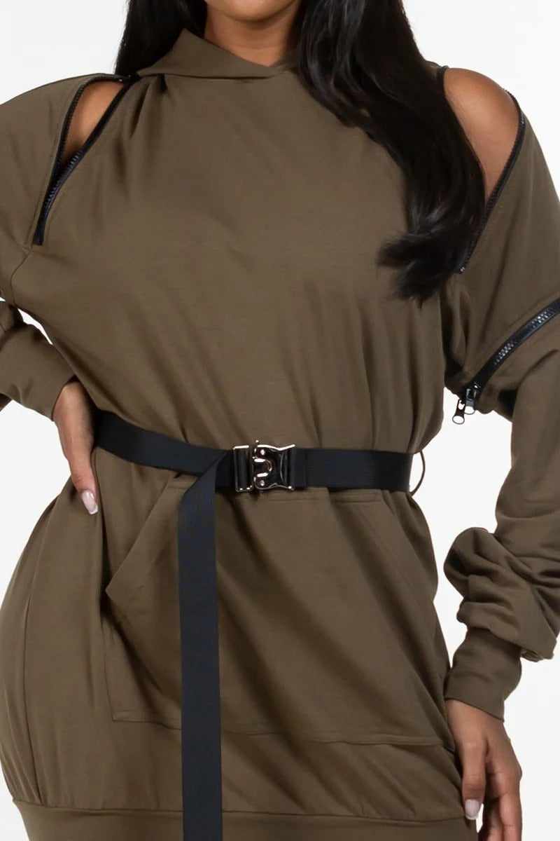 Double Zipper Hooded Mini Dress-Olive