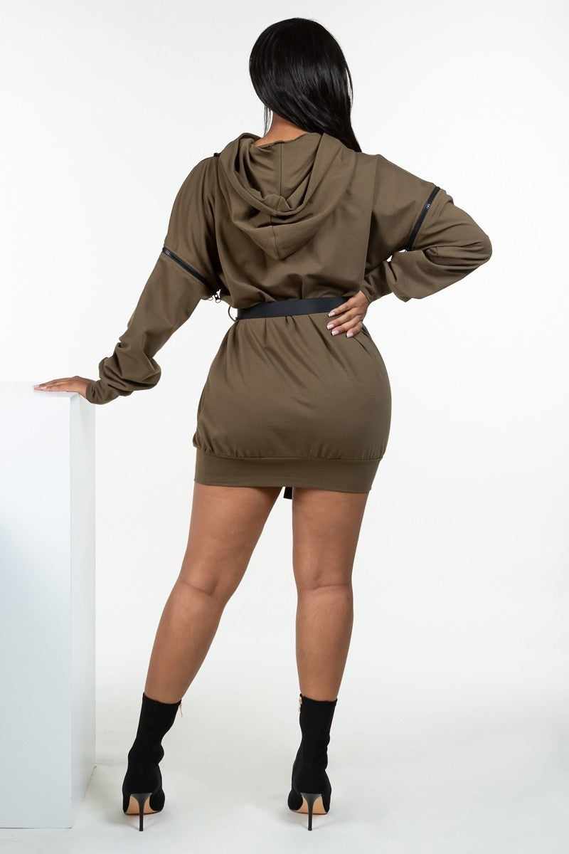 Double Zipper Hooded Mini Dress-Olive