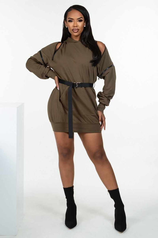 Double Zipper Hooded Mini Dress-Olive