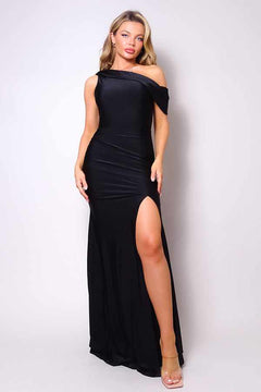 Draped Side Slit Maxi Dress-Black
