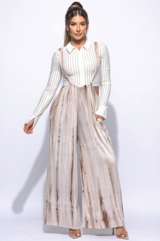 Stylish mocha tie-dye drawstring baggy jumpsuit in rayon-spandex, versatile for casual or dressy looks, sizes S to L.