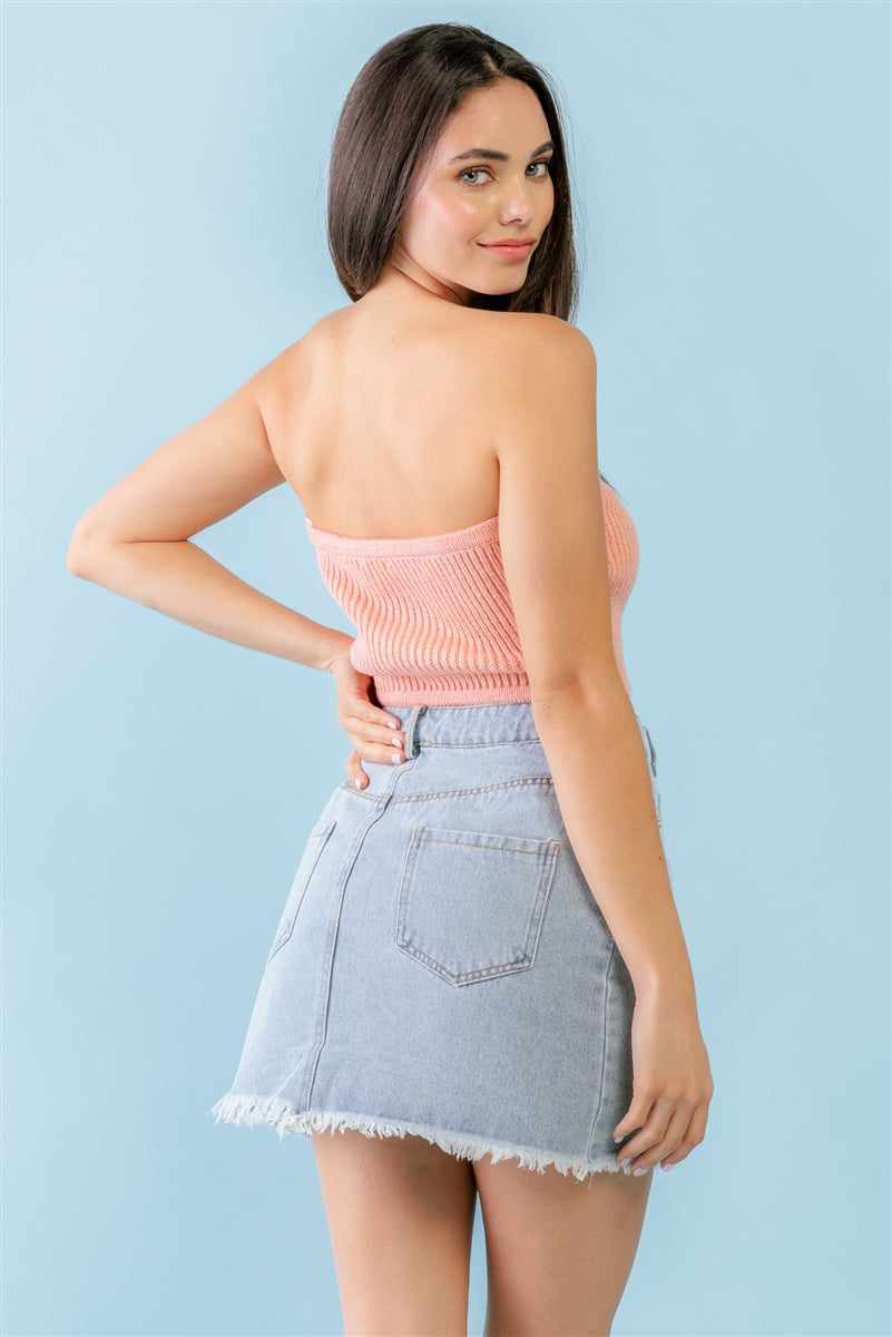 Dusty Peach Knit Strapless Crop Top-Peach
