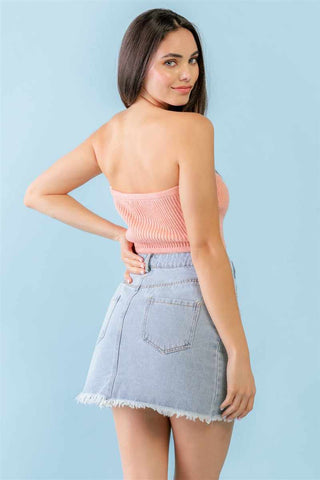 Dusty Peach Knit Strapless Crop Top-Peach