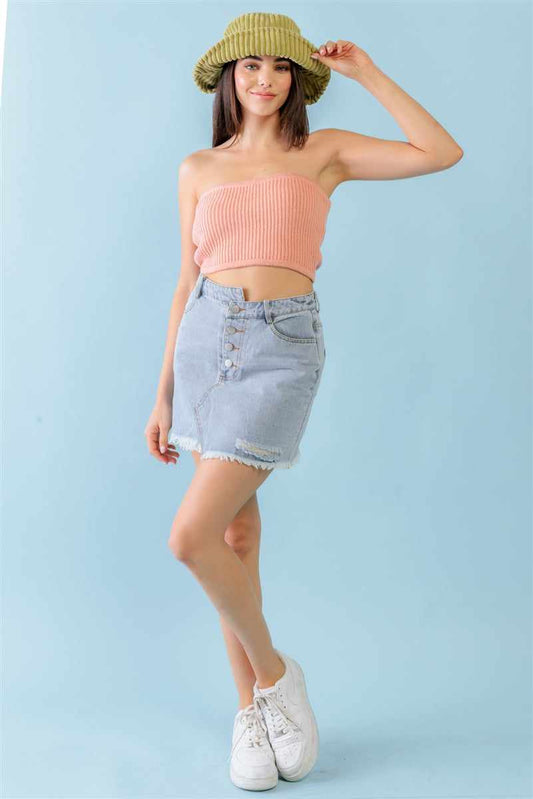 Dusty Peach Knit Strapless Crop Top-Peach