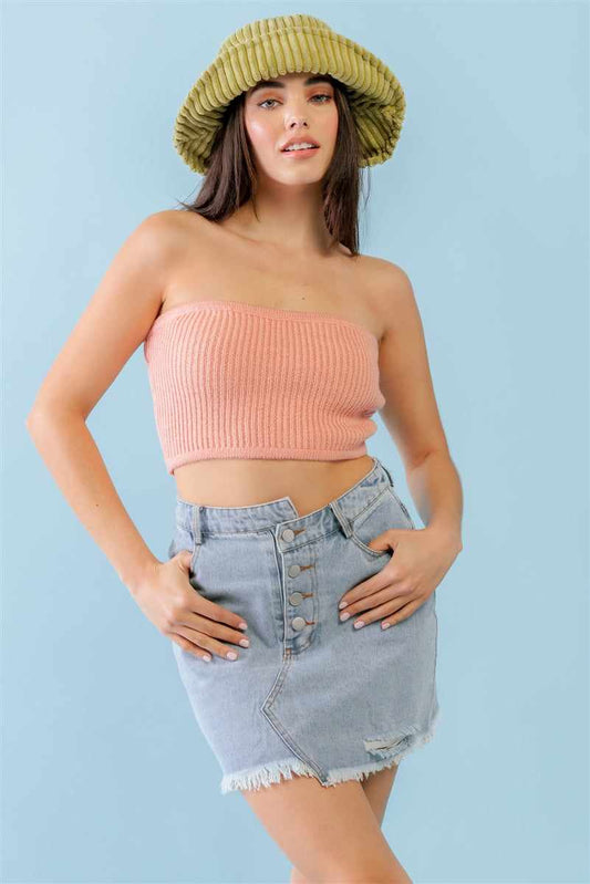 Dusty Peach Knit Strapless Crop Top-Peach