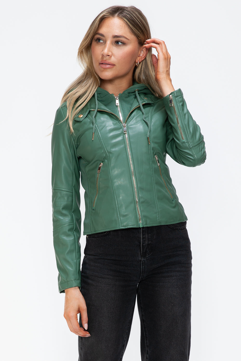 Faux Leather Zip Up Drawstring Hooded Jacket