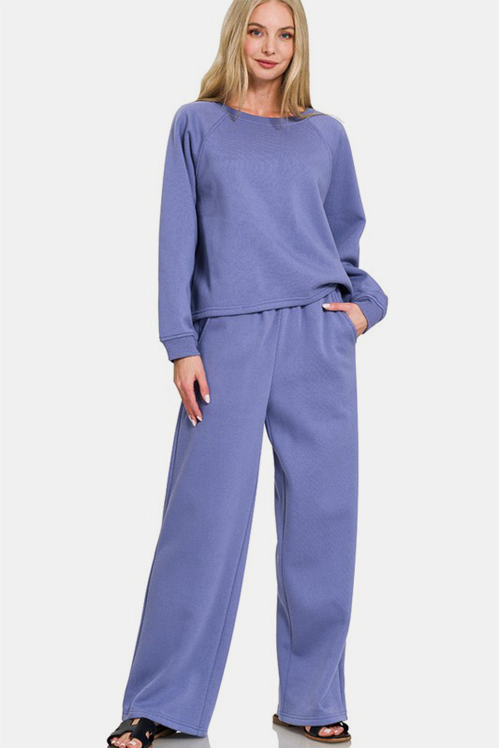 Dusty blue round neck raglan sleeve top and elastic waist pants set with pockets, two-piece, slightly stretchy cotton-polyester blend