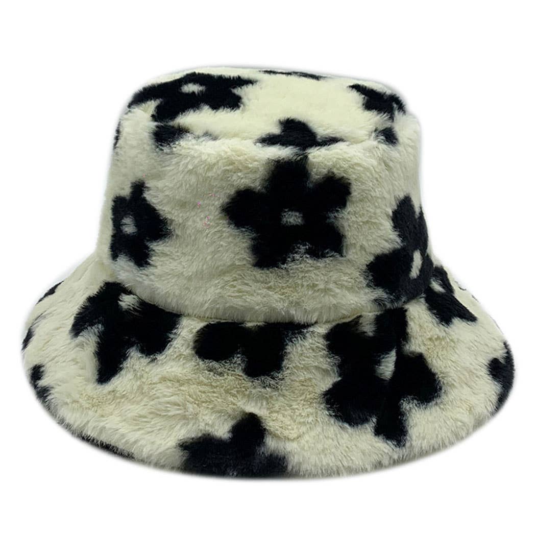 Floral printed faux fur bucket hat with black flowers, cozy winter accessory, adjustable strings, 100% polyester, 58 cm size.