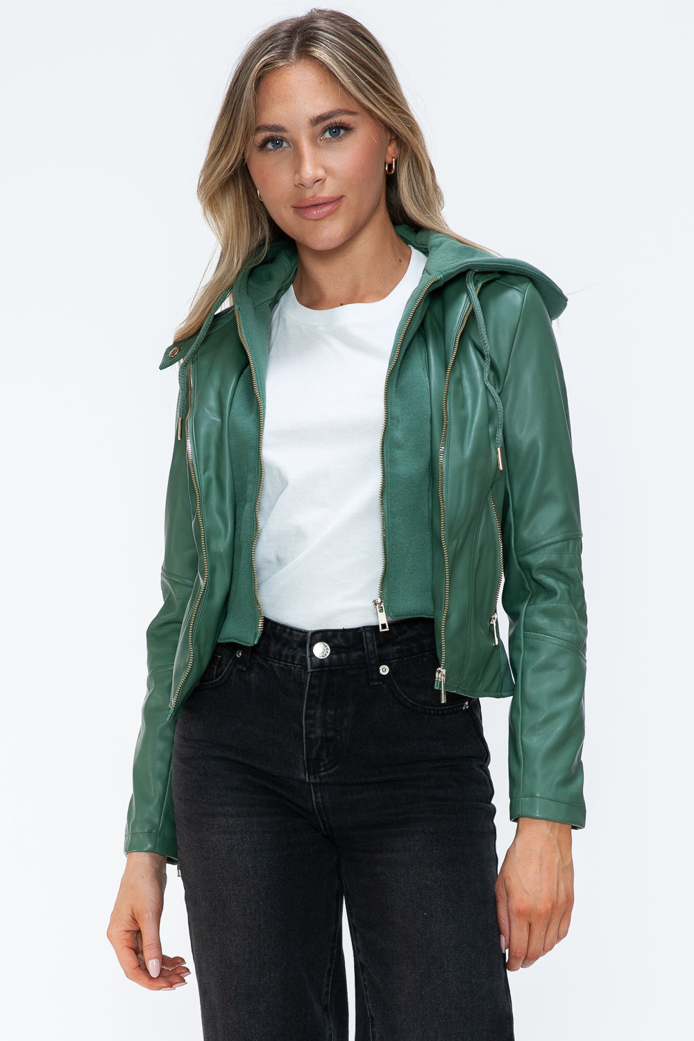 Faux Leather Zip Up Drawstring Hooded Jacket