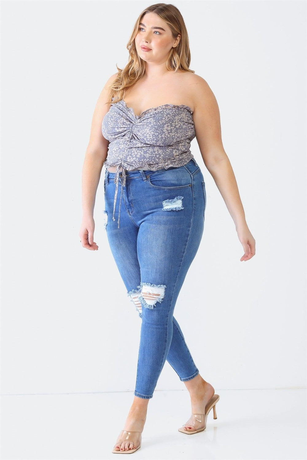 Denim Blue Plus Size Drawstring Smocked Floral Tube Top