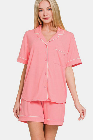 Dark pink button down short sleeve lounge set with shorts, featuring a pocketed top, slightly stretchy fabric for comfort.