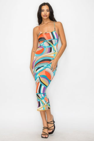 Chic Midi Dress with Crossed Back - Multicolor Marble Print