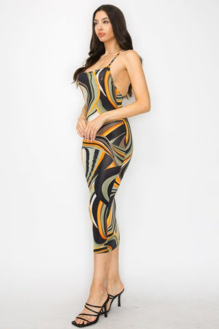 Chic Midi Dress with Crossed Back - Multicolor Marble Print