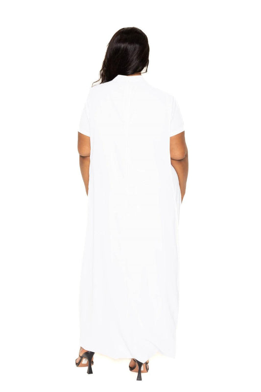 White mock neck back cape dress in plus sizes 1XL to 3XL, made from 95% polyester and 5% spandex, women's fashion rear view.