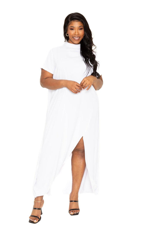 Stylish white mock neck back cape dress in plus size with slit, made of 95% polyester, 5% spandex. Perfect for elegant occasions.