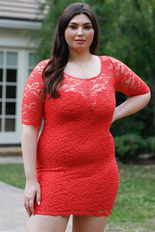 Plus size model wearing coral lace mini dress with midi sleeves and round neckline, designed for a casual and elegant look.