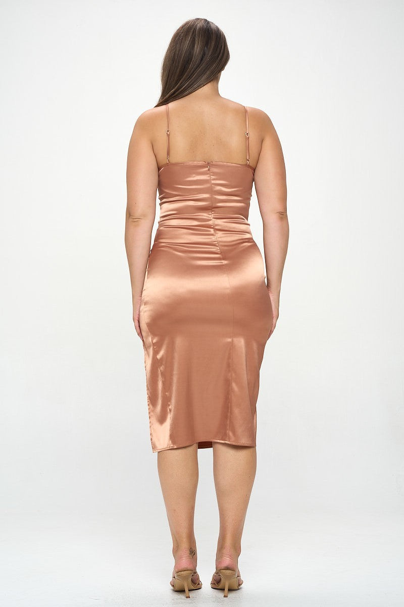 Plus size copper satin midi dress with front knot, featuring bodycon fit and adjustable straps, view from the back.