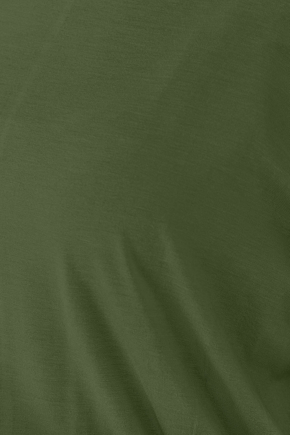 Olive green fabric texture of a round neck batwing sleeve top, slightly stretchy with rayon and spandex composition.