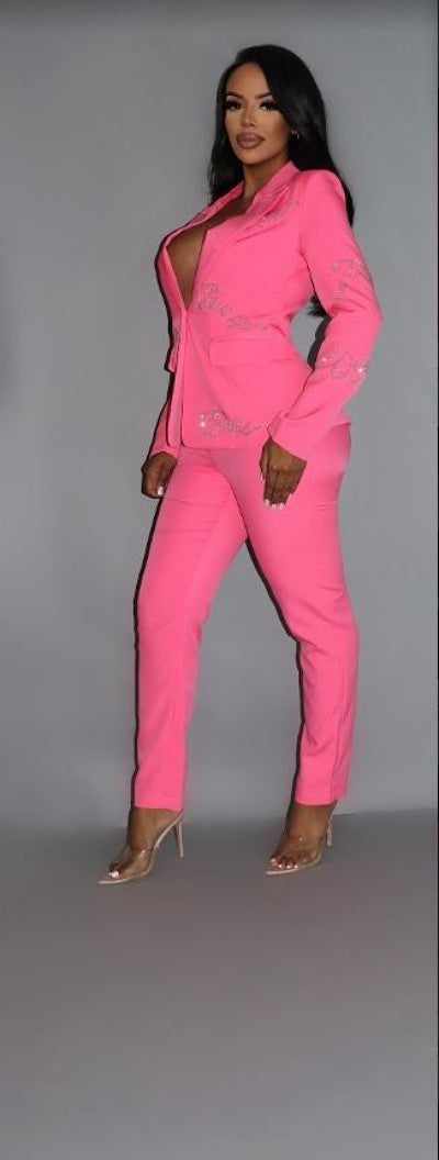 Stylish pink two-piece power suit blazer with rhinestone lettering, premium fabric, and flattering fit for women in Small, Medium, Large.