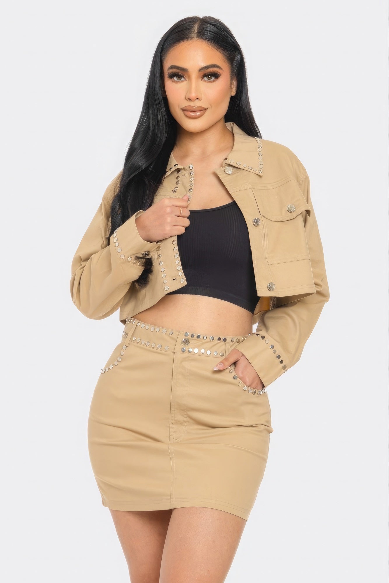 Taupe embroidered cropped shirt set with skirt, featuring chest flap pockets and a stylish design for a playful, unique look.