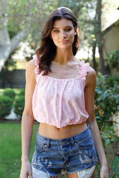 Embroidered Strap Sleeveless Crop Top-Pink