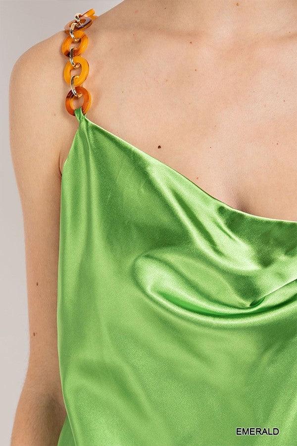 Emerald satin camisole with cowl neck and chain strap detail in polyester and spandex blend.