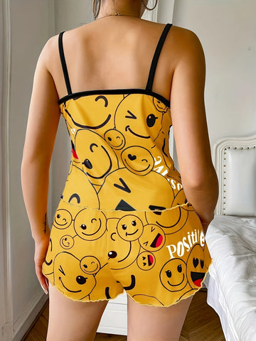 Emoji Print Satin Pajama Set | Cute Cami Top & Shorts Sleepwear for Women