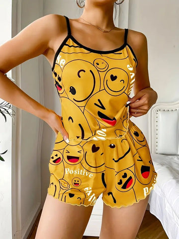 Emoji Print Satin Pajama Set | Cute Cami Top & Shorts Sleepwear for Women